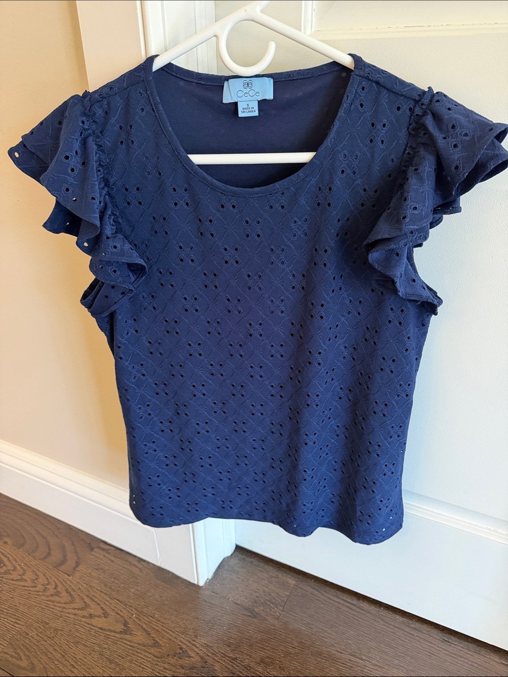 CeCe Navy Eyelet Flutter Sleeve Top